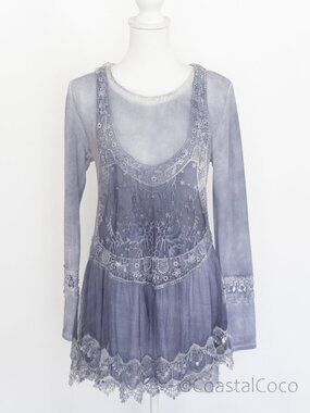 Feratelli 2-Piece Tunic M Top Sheer Lace Embroidered Boho Whimsigoth Ethereal